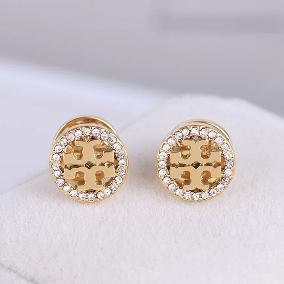 Tory Burch Gold Miller Pave Circle-Stud Earrings - Picture 6 of 14